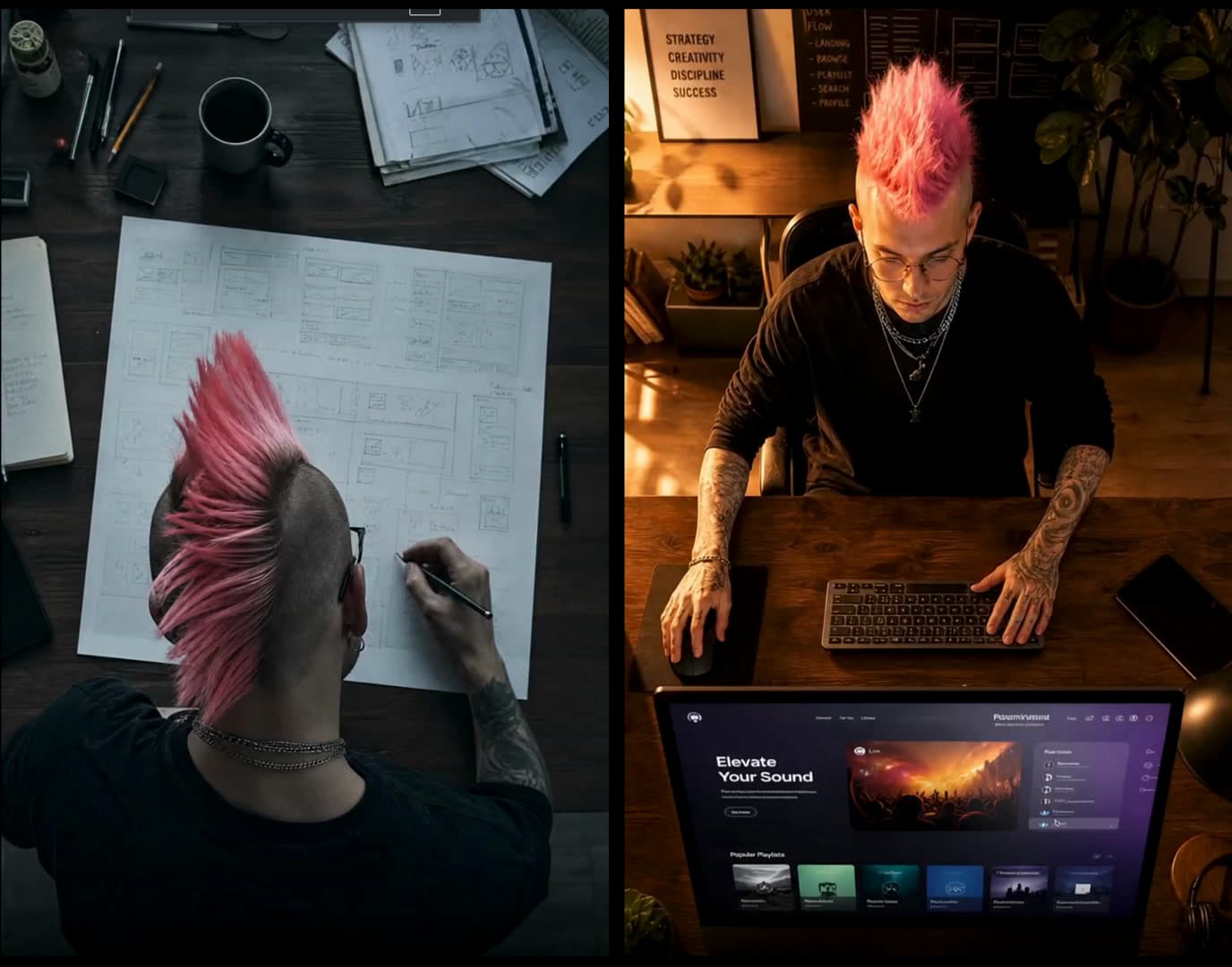 The two shots the reel cuts between: top-down over a pencil wireframe sheet, and the same person wide at a monitor showing the finished interface