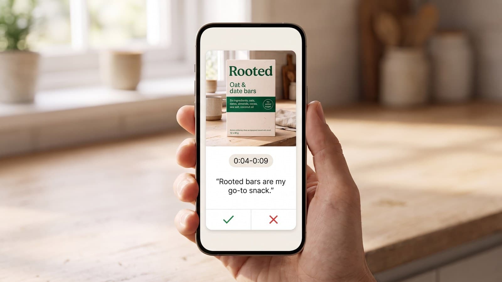 A creator pack open on a phone: one scene card showing the real Rooted packaging photo, the timing 0:04-0:09, the line the creator says, and a green tick beside a red cross