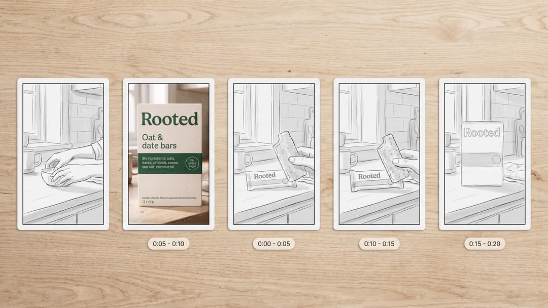 A shot list laid out as five vertical frames: four are sketches of the scene, the second is a real photograph of the Rooted pack with its printed lines readable