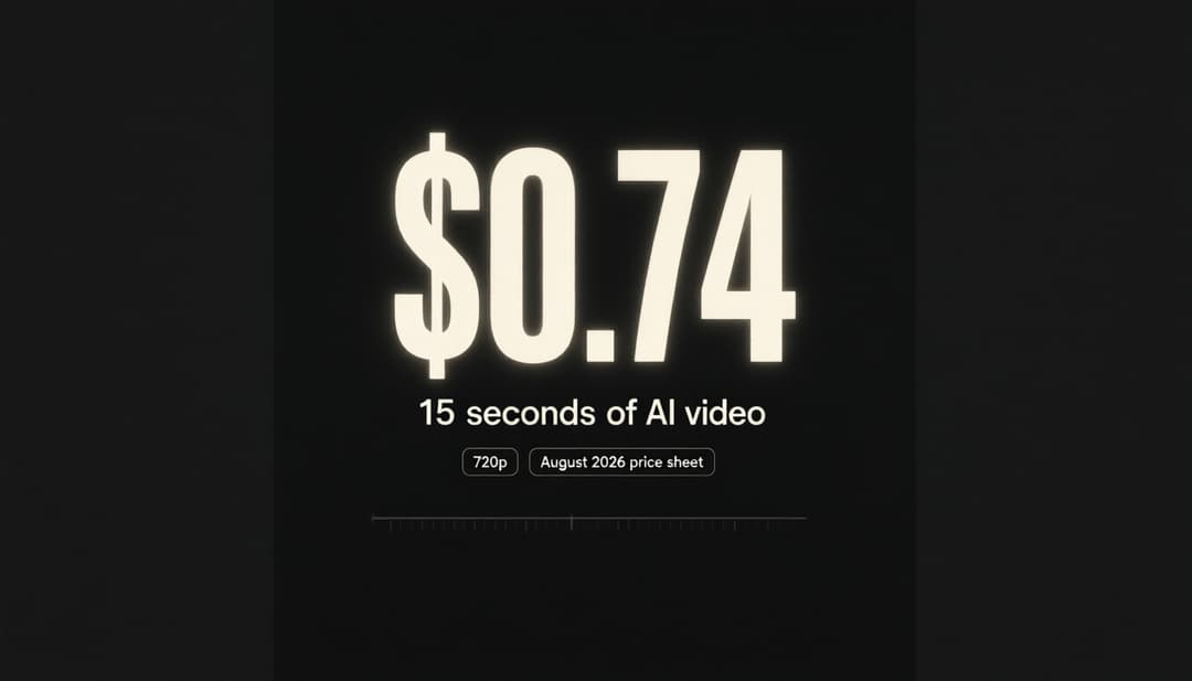 Редакционный постер: светящееся $0.74 над строкой 15 seconds of AI video и плашками 720p, August 2026 price sheet, priced before the run