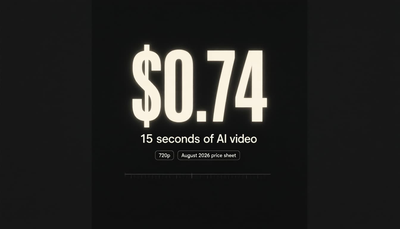 Редакционный постер: светящееся $0.74 над строкой 15 seconds of AI video и плашками 720p, August 2026 price sheet, priced before the run