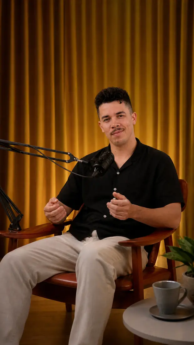 The same AI creator recording in a podcast studio